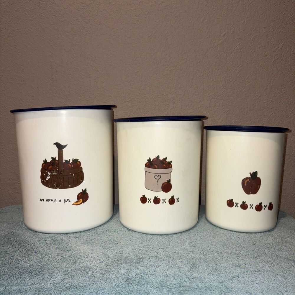 VINTAGE TUPPERWARE “An Apple a Day” WHITE/BLUE TOPS SET OF 3 ONETOUCH CANISTERS